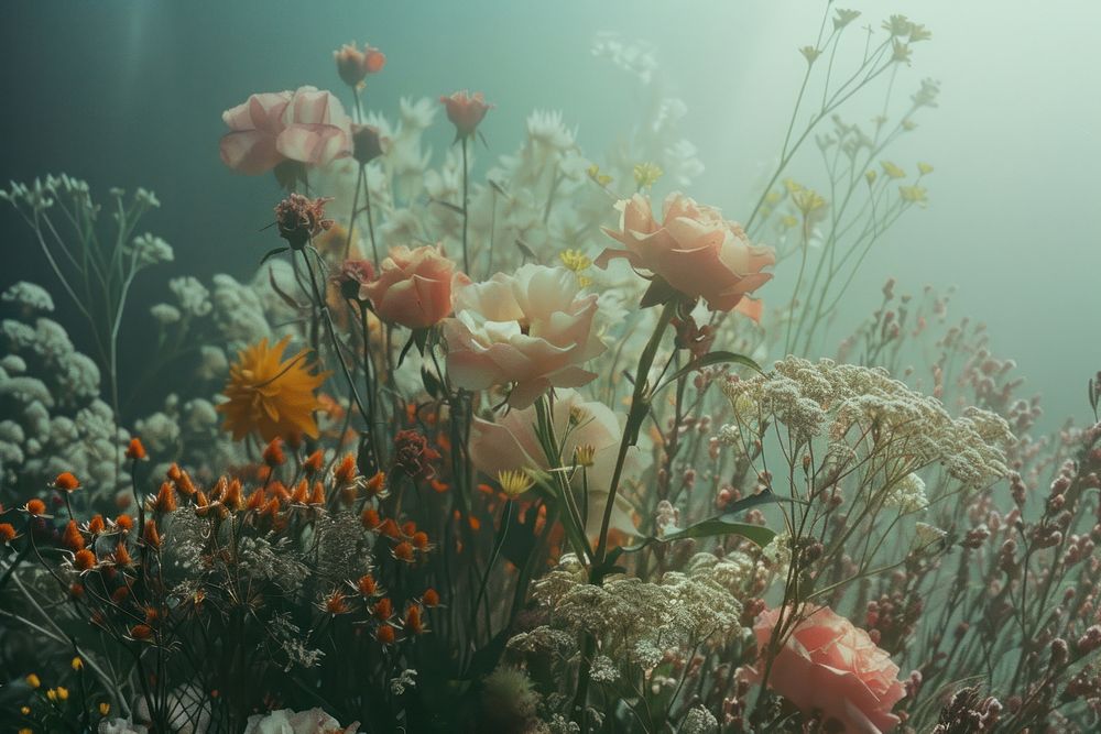 Vintage flowers underwater outdoors nature.