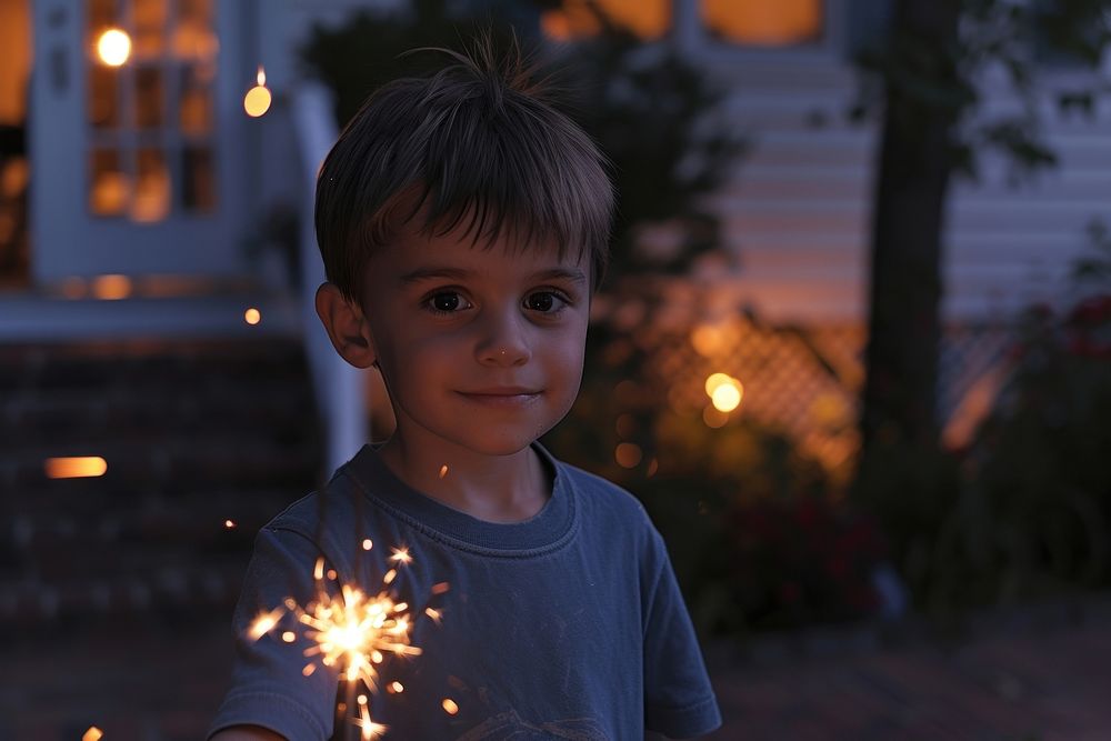 Boy holding sparkler portrait sparks child.