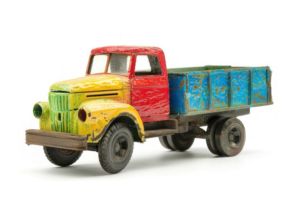 Colorful toy truck vehicle wheel white background.