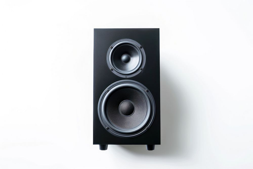 New black bookshelf speaker white background loudspeaker electronics.