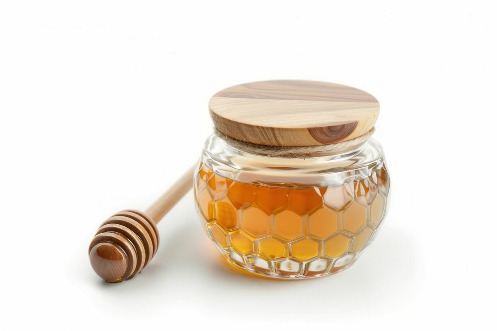 Honey glass pot and dipper food jar white background.
