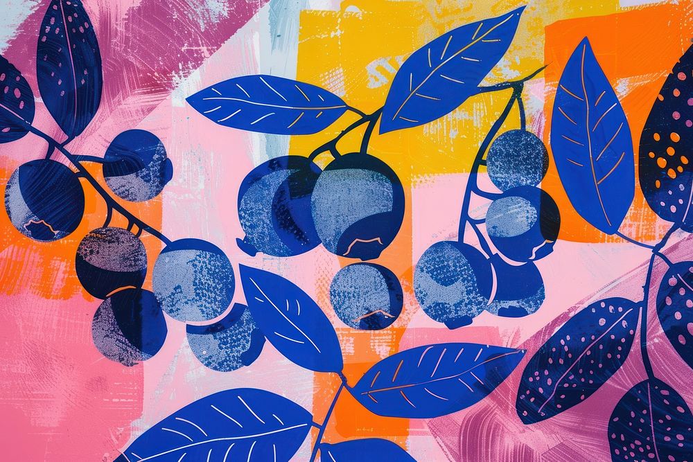 Blueberry in the style of a risograph print painting produce plant.