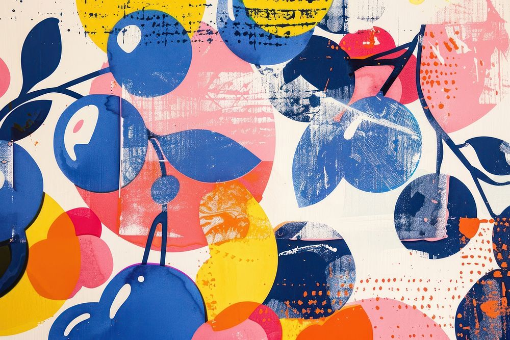 Blueberry in the style of a risograph print painting collage art.