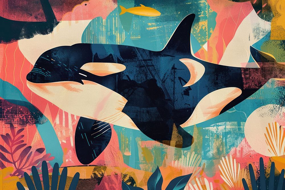 Orca in the style of a risograph print painting animal shark.