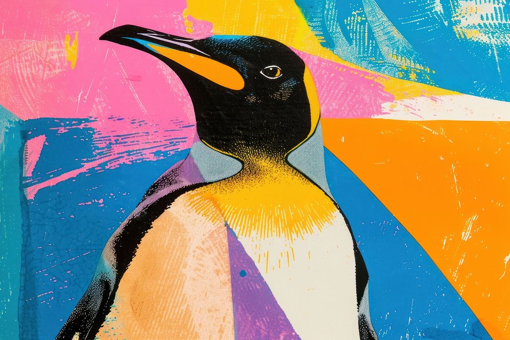 Penguin in the style of a risograph print animal bird art.