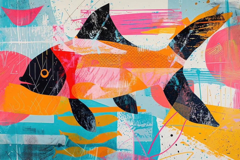 Pisces in the style of a risograph print painting animal fish.