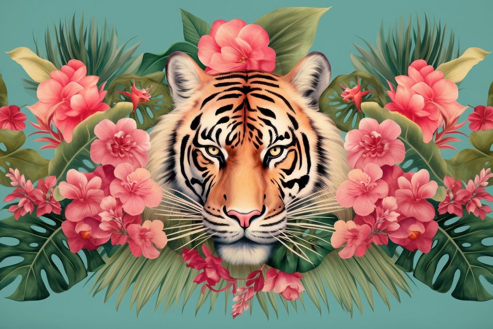 Realistic vintage drawing of tiger flower wildlife pattern.