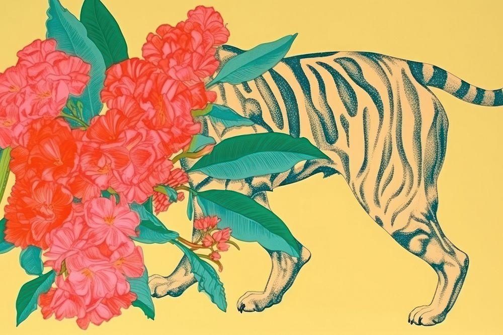 Realistic vintage drawing of tiger flower pattern animal.