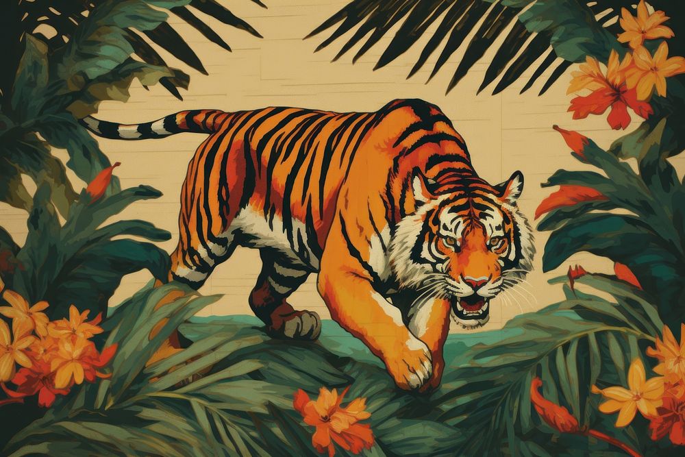 Realistic vintage drawing of tiger wildlife painting animal.