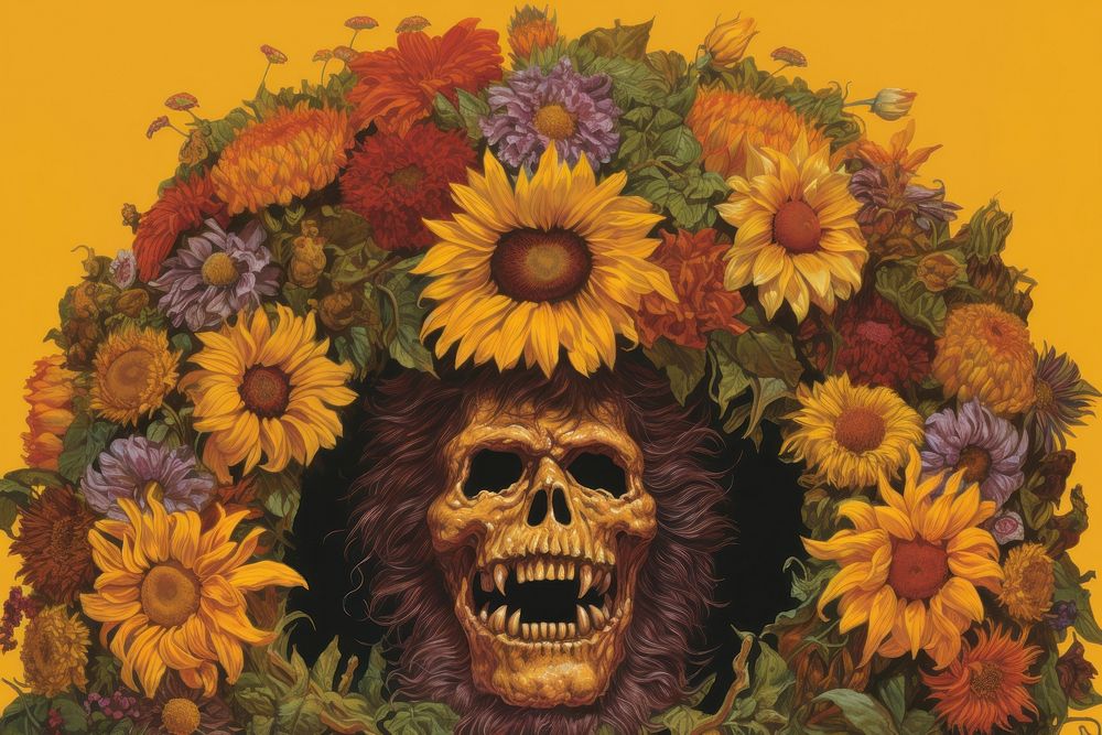 Realistic vintage drawing of chimpanzee flower sunflower painting.