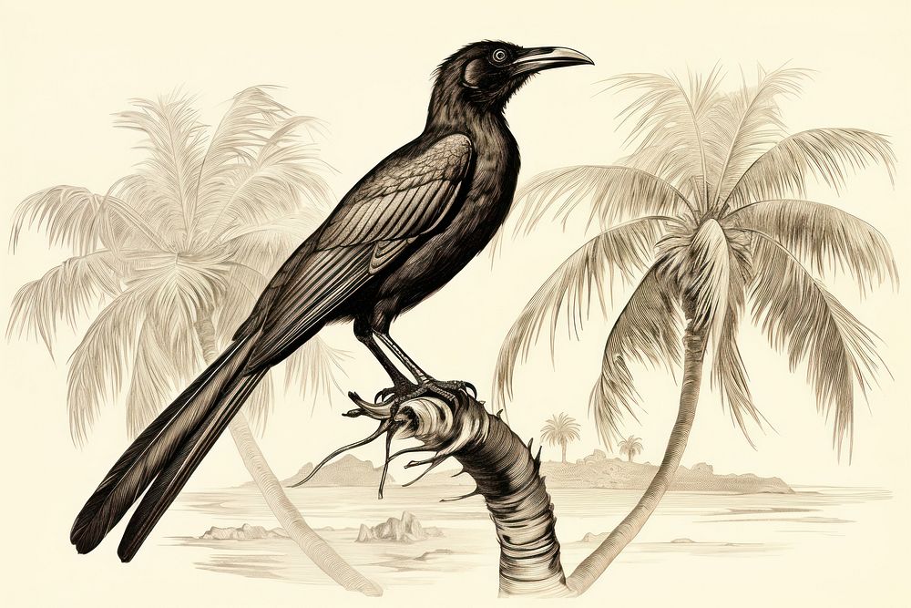 Realistic vintage drawing of crow sketch animal bird.
