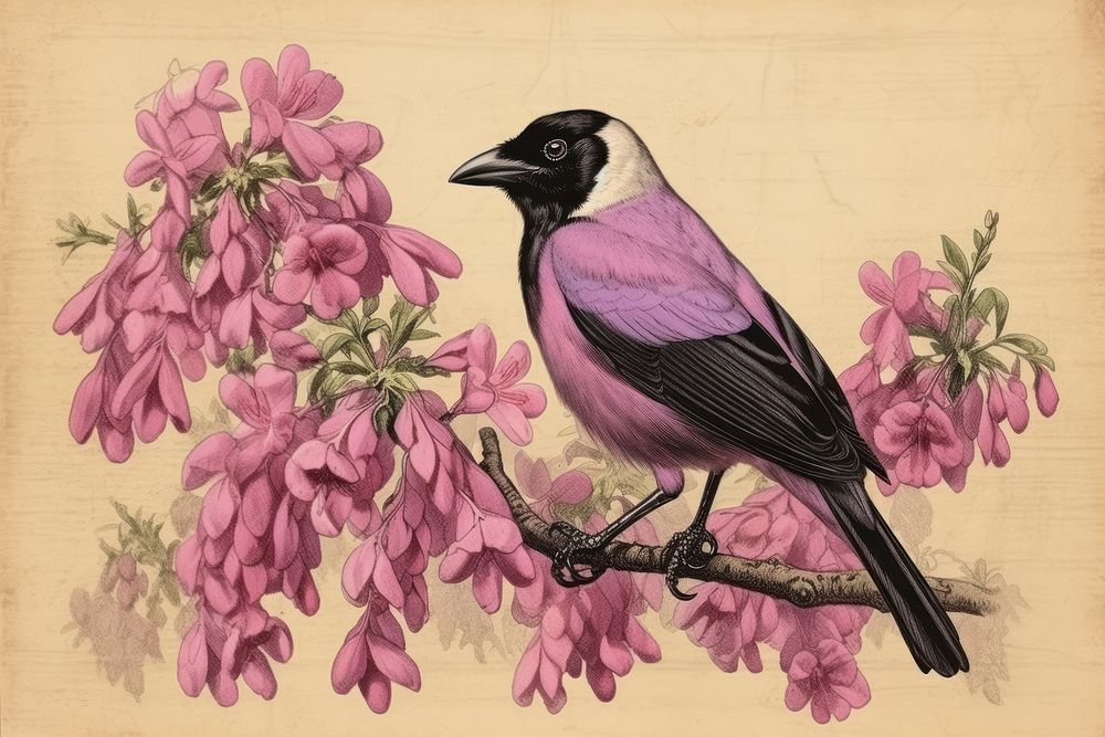 Realistic vintage drawing of crow flower animal purple.