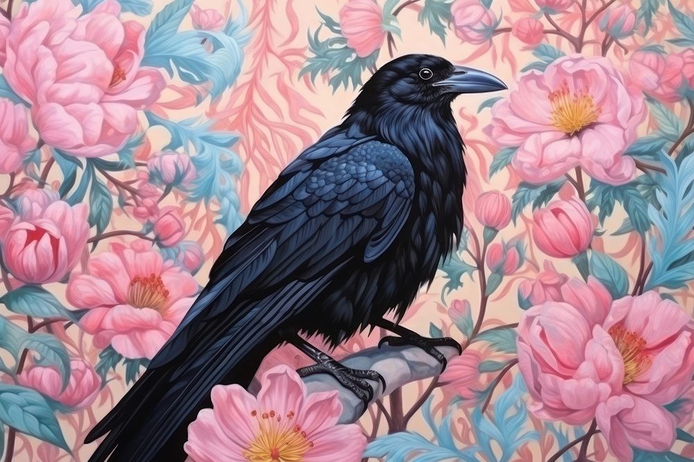 Realistic vintage drawing of crow blackbird animal flower.