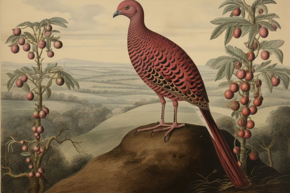 Realistic vintage drawing of dove pheasant animal bird.