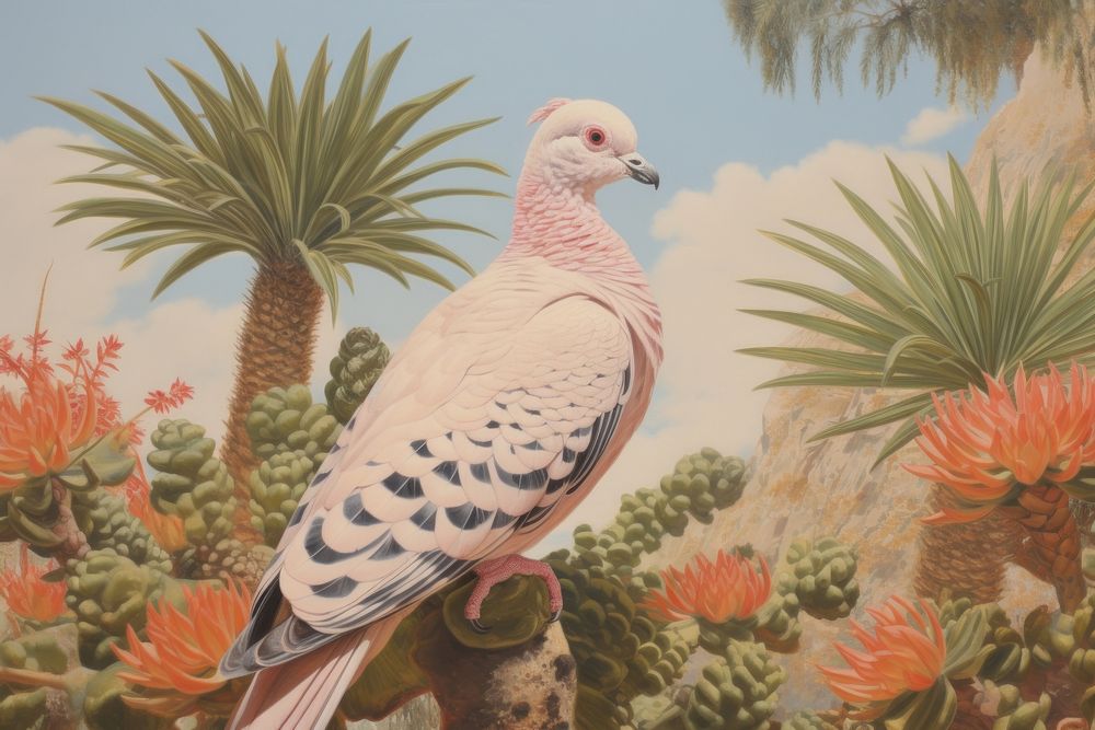 Realistic vintage drawing of dove animal plant bird.