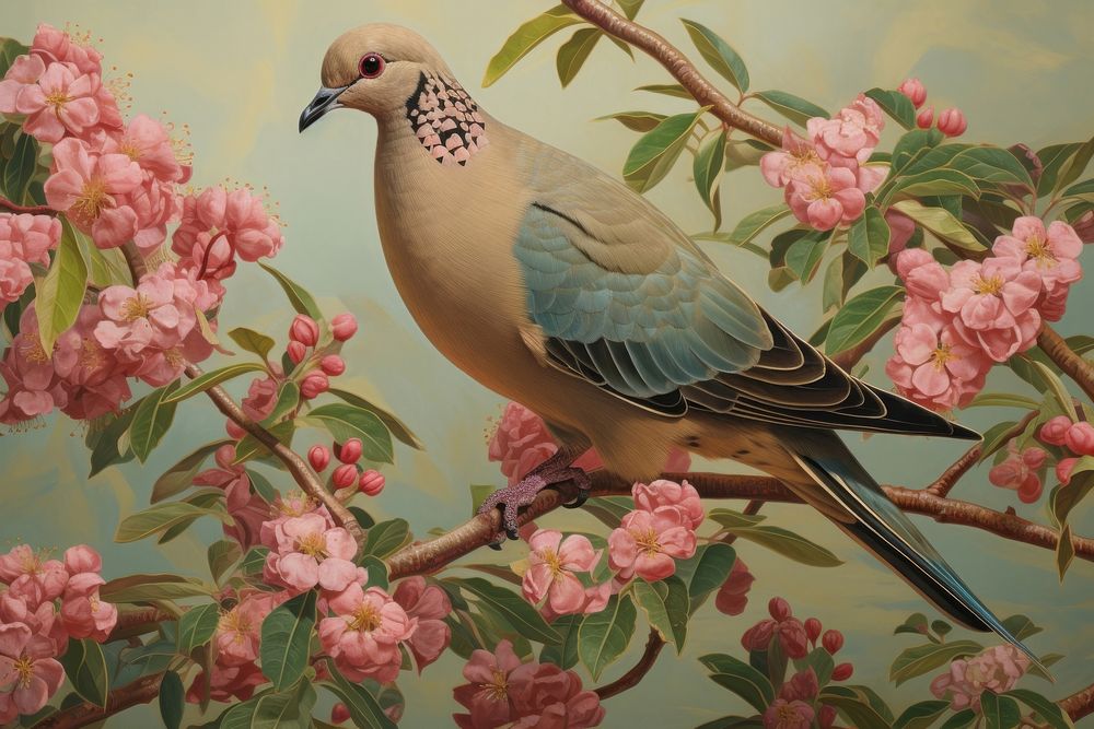 Realistic vintage drawing of dove flower animal plant.