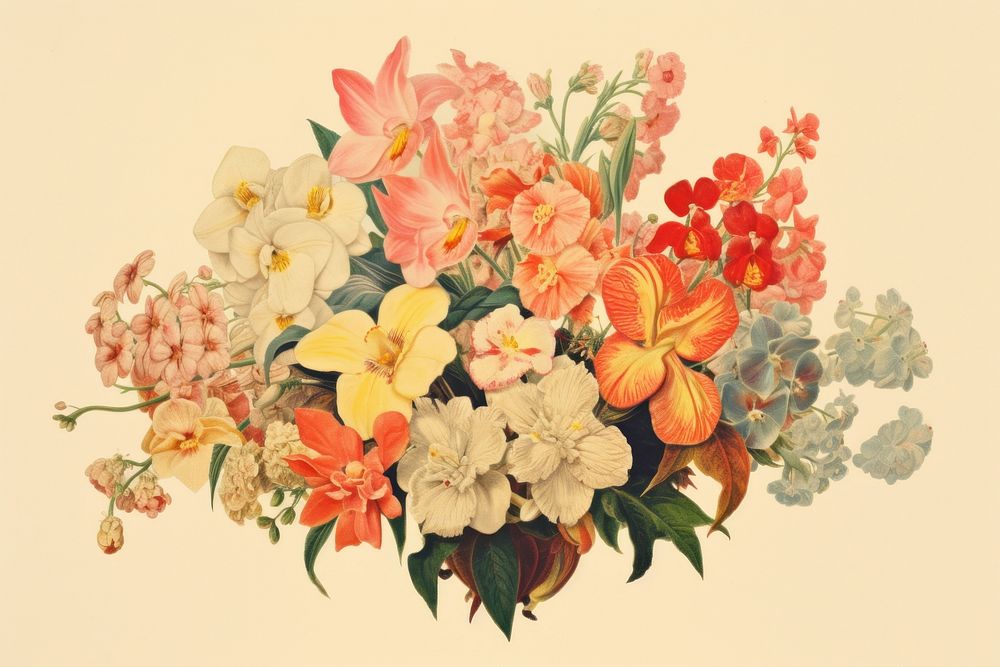 Realistic vintage drawing of flower bouquet painting plant petal.