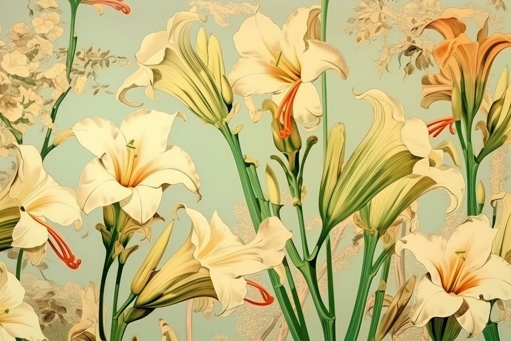 Realistic vintage drawing of flowers backgrounds painting pattern.