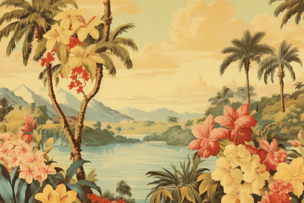 Realistic vintage drawing of flowers painting outdoors tropics.