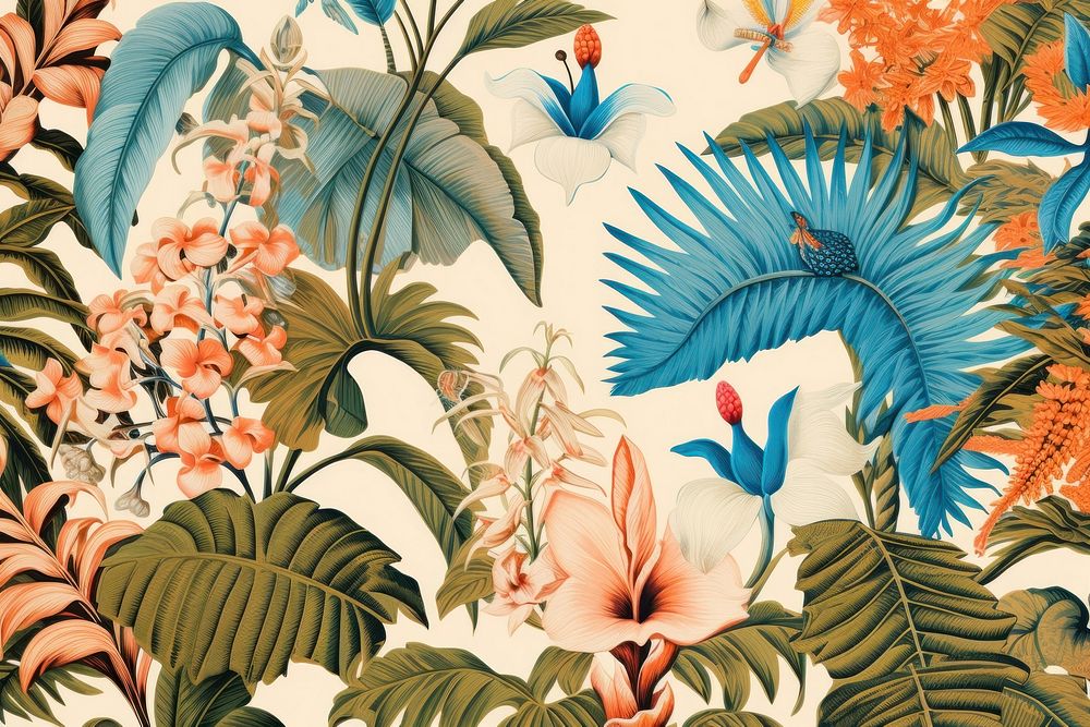 Realistic vintage drawing of flowers backgrounds tropics pattern.