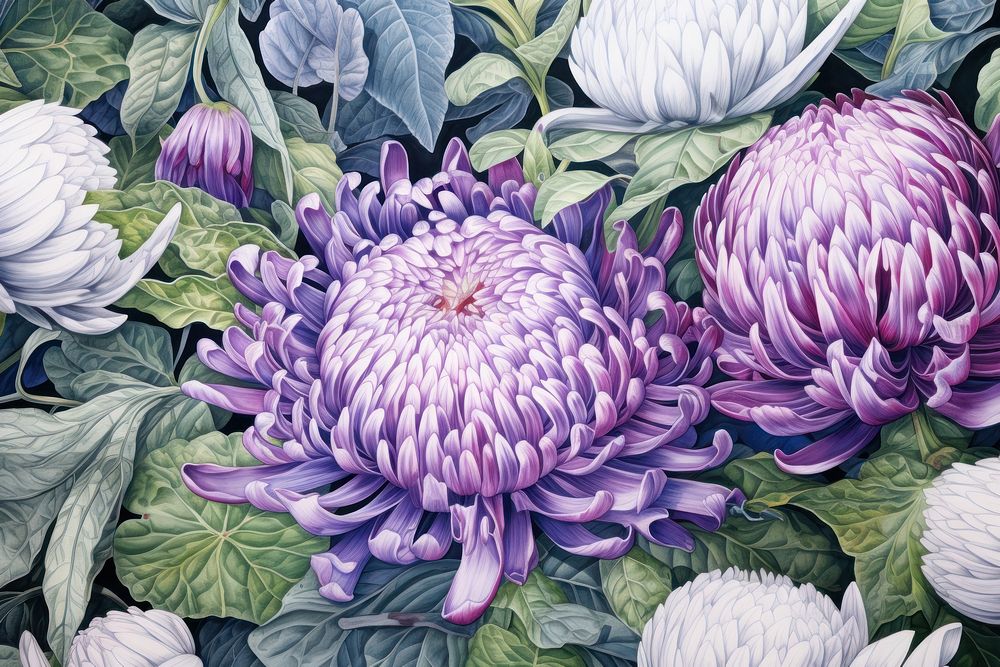 Realistic vintage drawing of flowers backgrounds dahlia purple.
