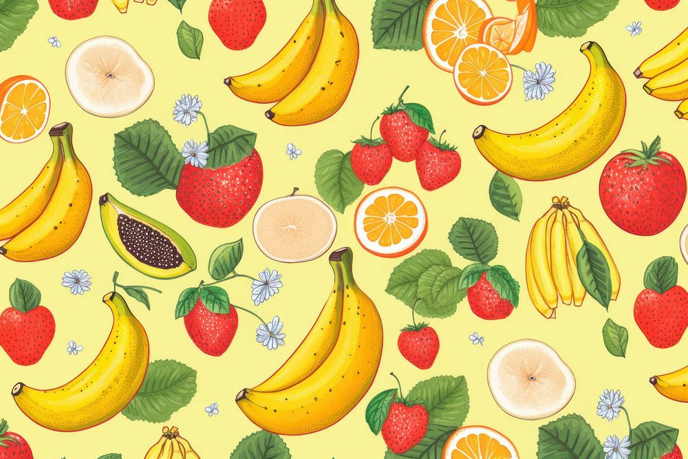 Realistic vintage drawing of fruit backgrounds banana berry.