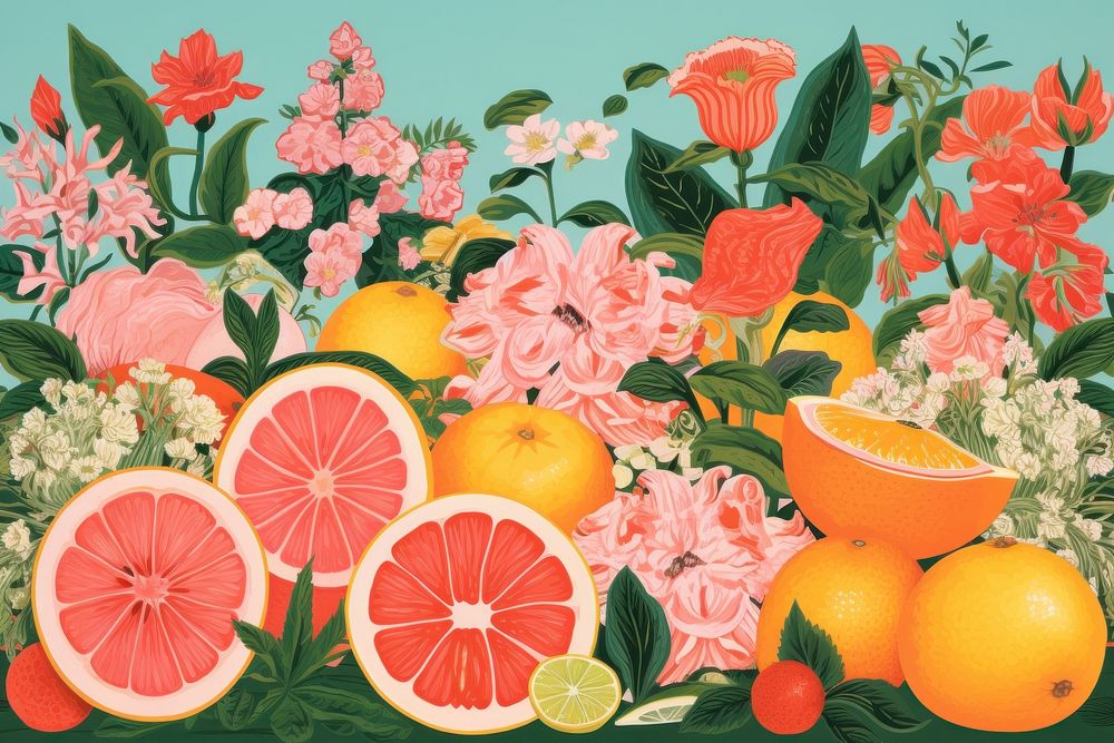 Realistic vintage drawing of fruit flower grapefruit painting.