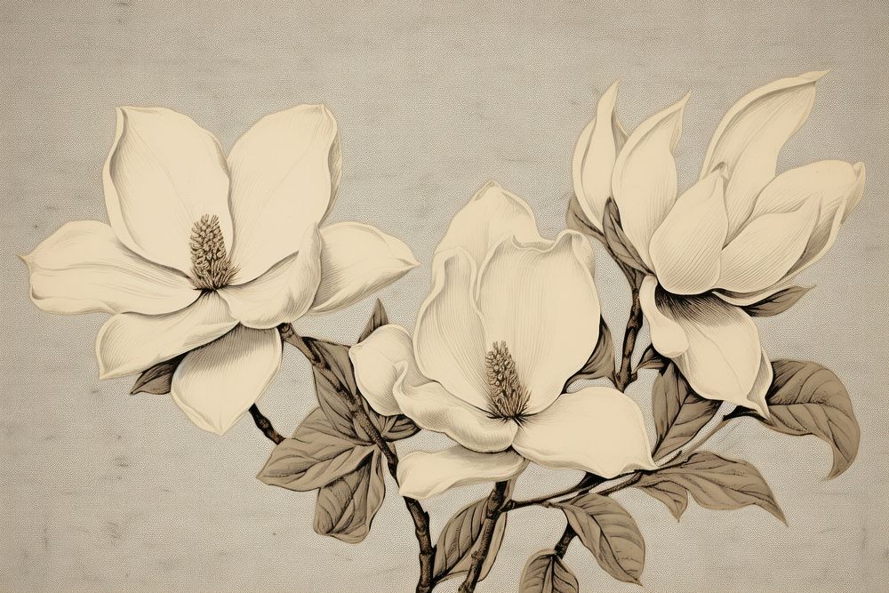 Realistic vintage drawing of magnolia flower sketch pattern.