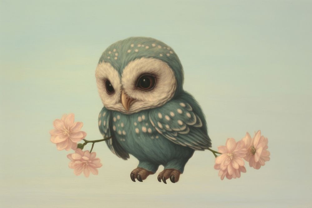 Realistic vintage drawing of owl animal flower sketch.