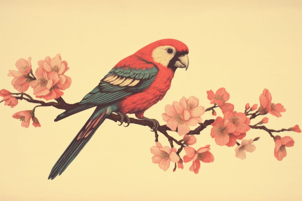 Realistic vintage drawing of parrot animal sketch flower.