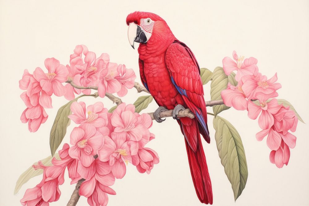 Realistic vintage drawing of parrot flower animal sketch.