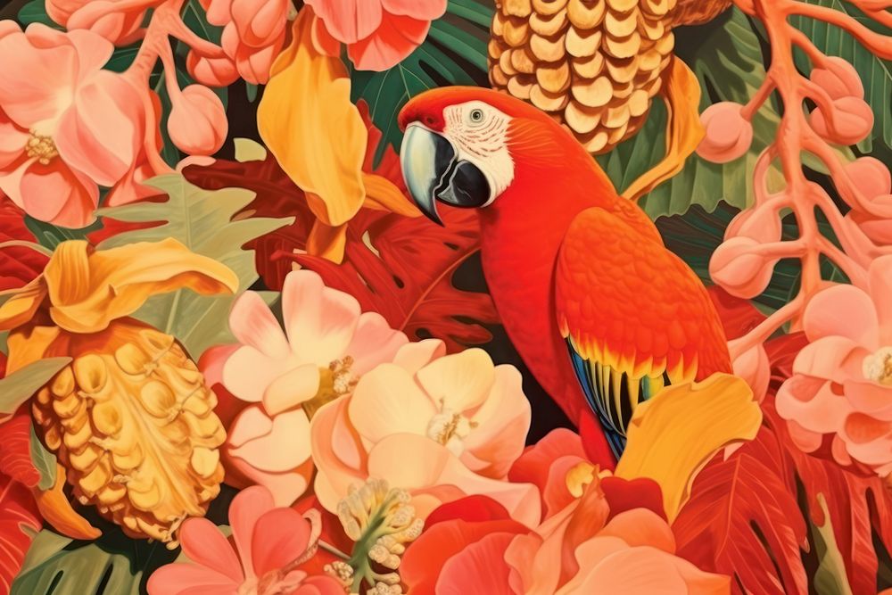 Realistic vintage drawing of parrot backgrounds animal flower.