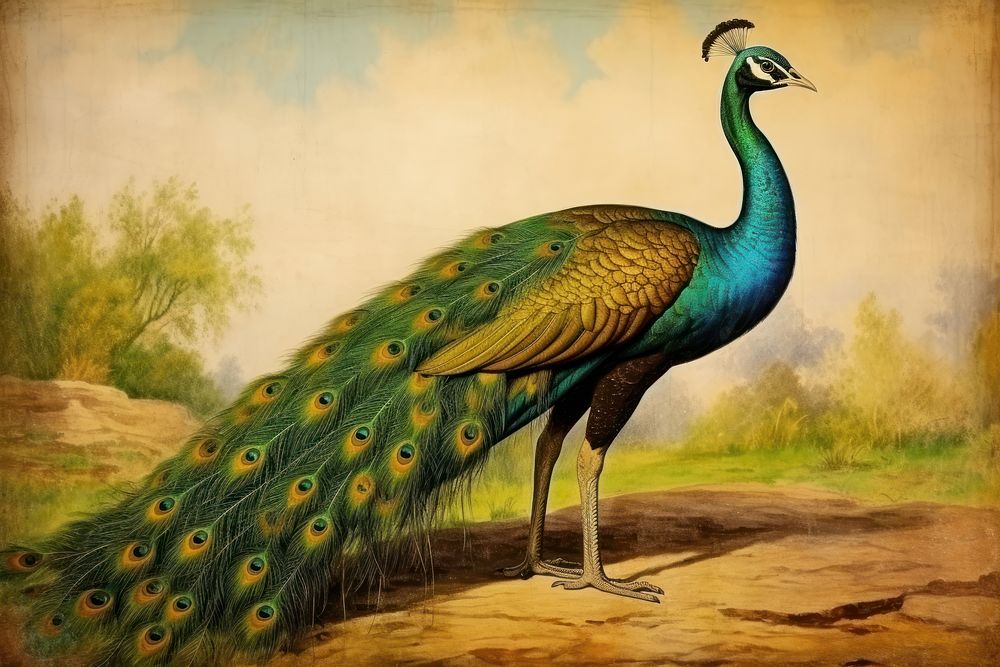 Realistic vintage drawing of peacock animal bird beak.