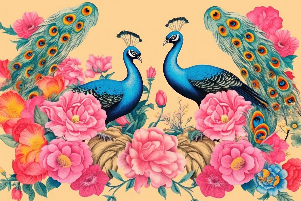 Realistic vintage drawing of peacock flower pattern animal.