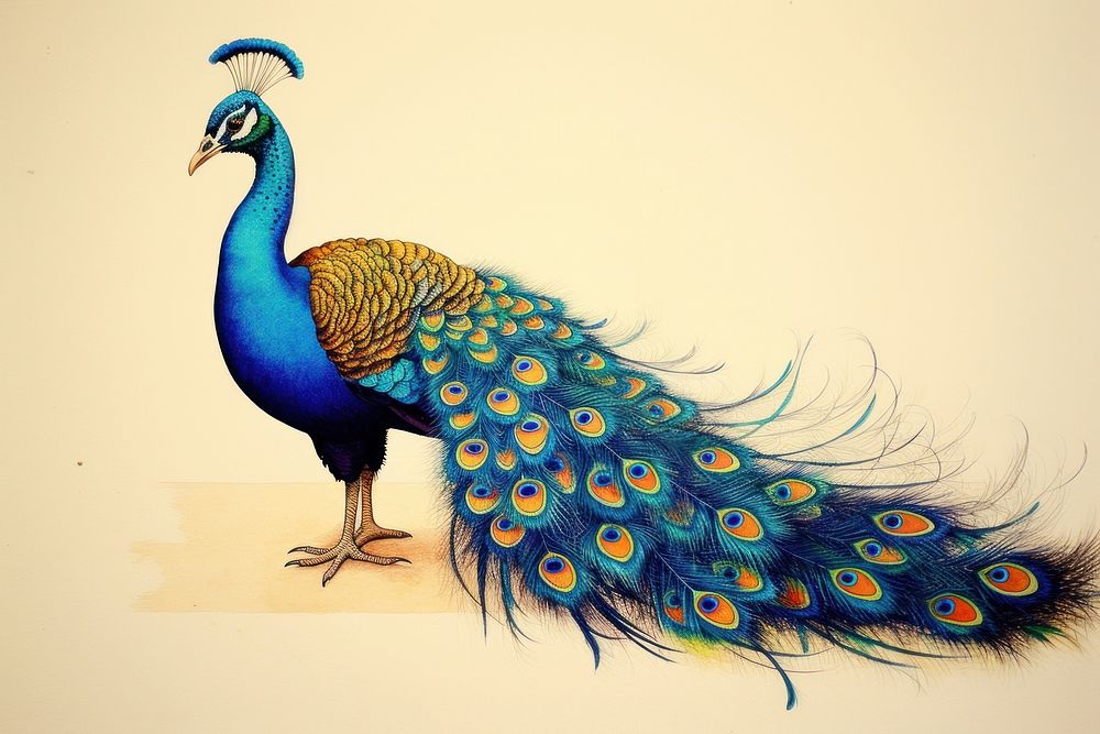 Realistic vintage drawing of peacock animal sketch bird.