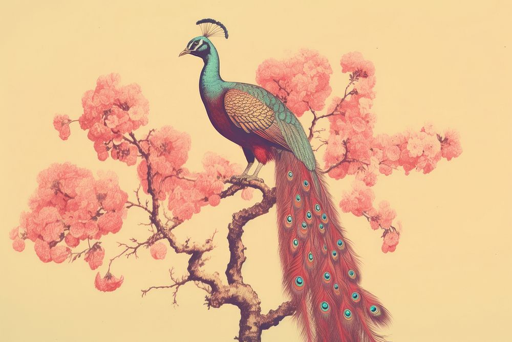 Realistic vintage drawing of peacock animal flower plant.