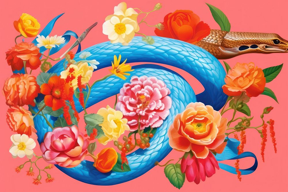 Realistic vintage drawing of snake flower painting pattern.