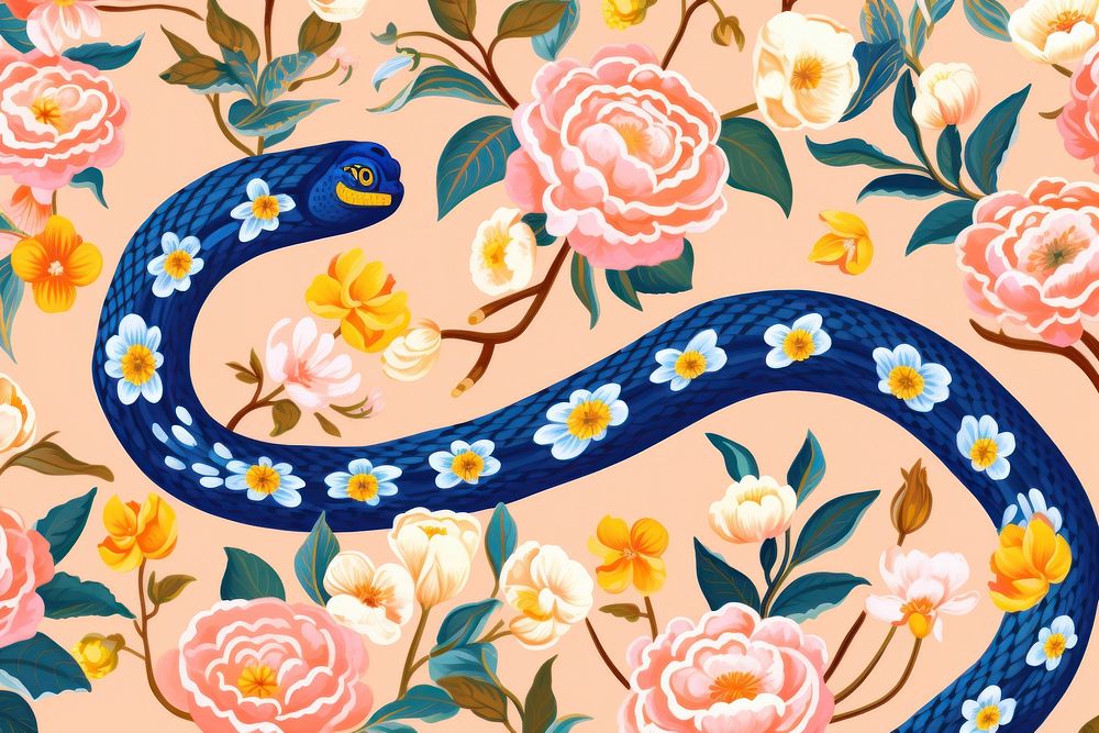 Realistic vintage drawing of snake flower backgrounds pattern.