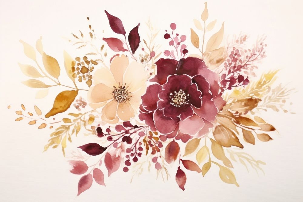 Burgundy and gold wedding floral painting pattern flower.