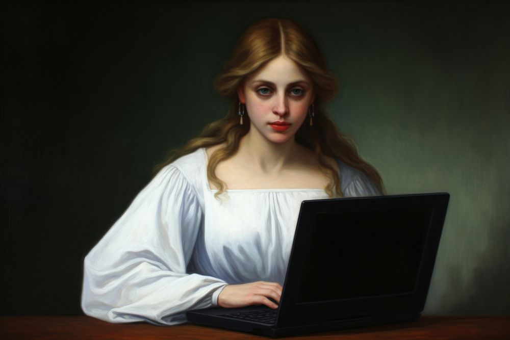 Woman in suit and laptop painting computer portrait.