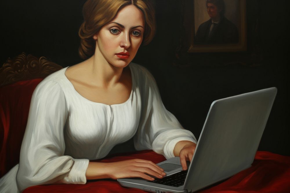 Business woman and laptop painting computer portrait.
