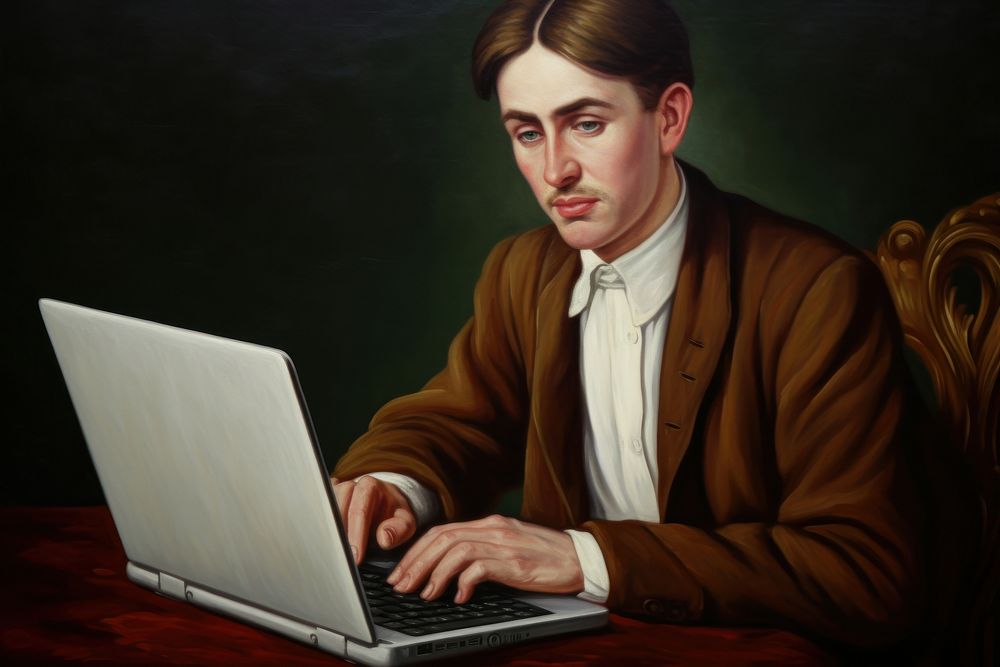 Business man and laptop painting computer portrait.