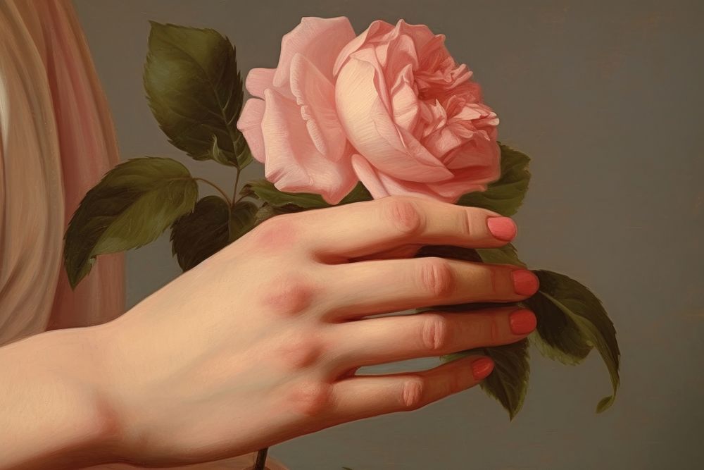 Woman hand with rose flower finger petal.