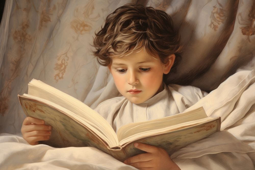 Little boy reading book publication portrait child.