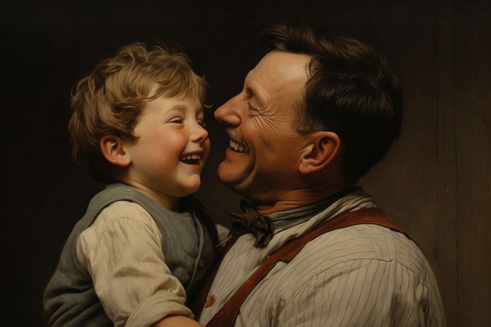 Little boy and dad laughing portrait painting adult.
