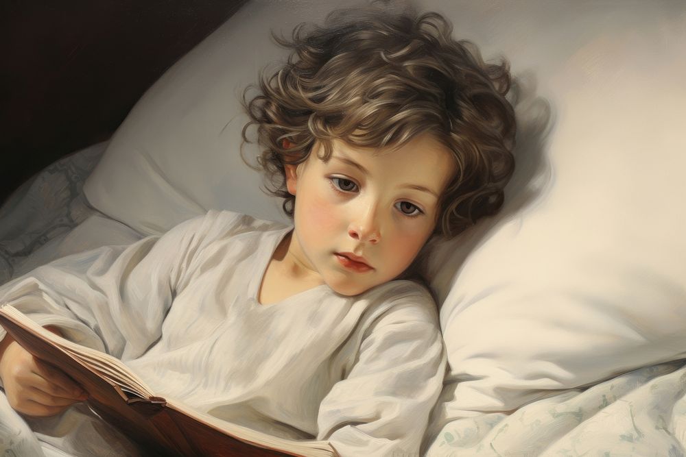 Little boy reading book portrait painting child.