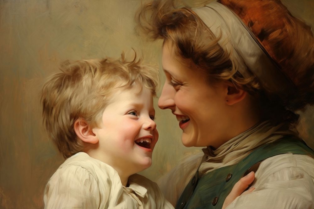 Little boy and mom laughing portrait painting adult.