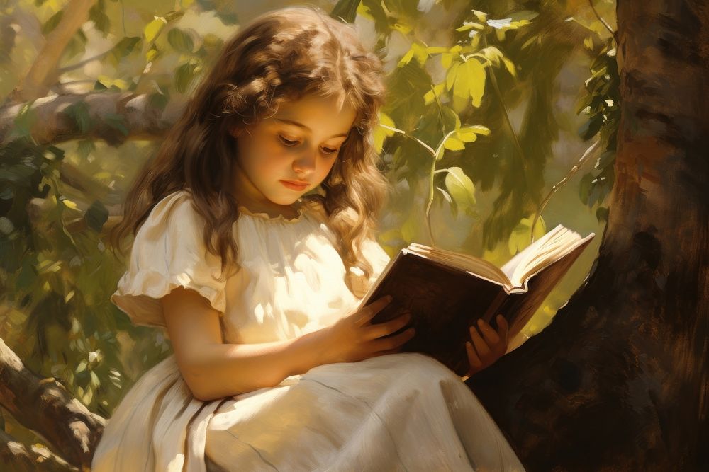 Little girl reading book publication portrait painting.