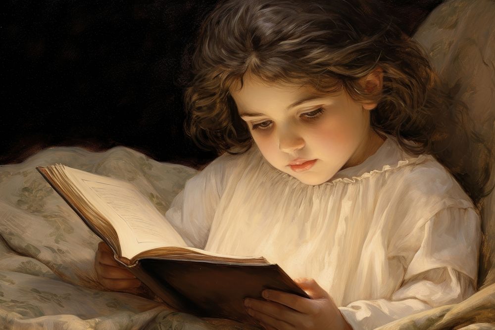 Little girl reading book publication portrait painting.