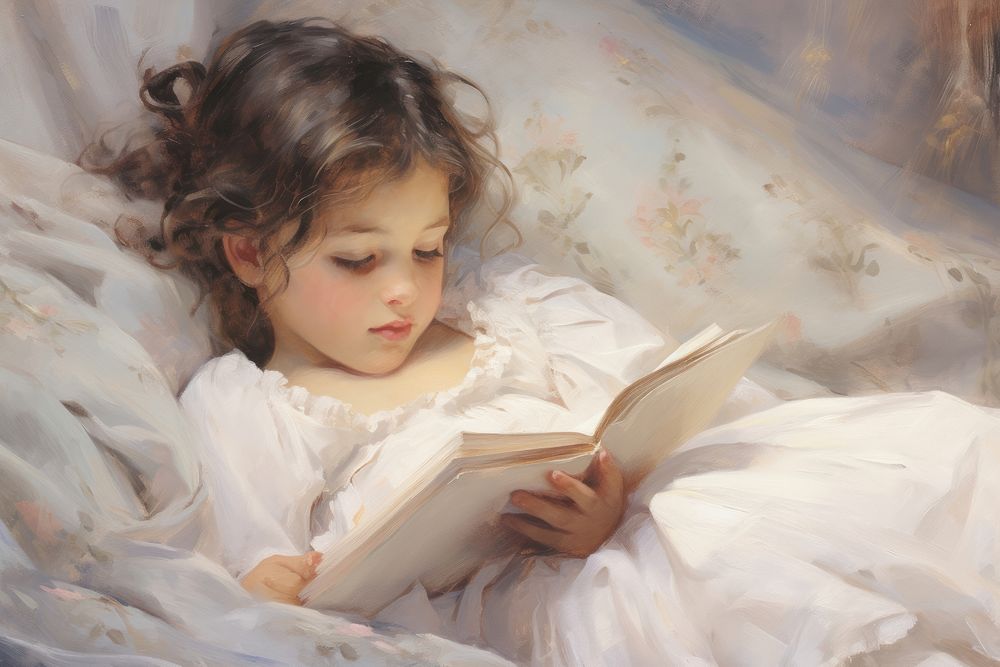 Little girl reading book painting portrait child.